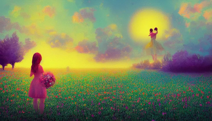 Image similar to girl with a flower face, surreal photography, dream, standing in flower field, hills, big trees, sunrise dramatic light, impressionist painting, colorful clouds, digital painting, pointillism, artstation, simon stalenhag, flower