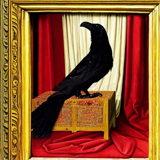 Image similar to a highly detailed painting of a raven, dressed in elegant tudor clothes, inside a room with thick red tapestries, by hans holbein