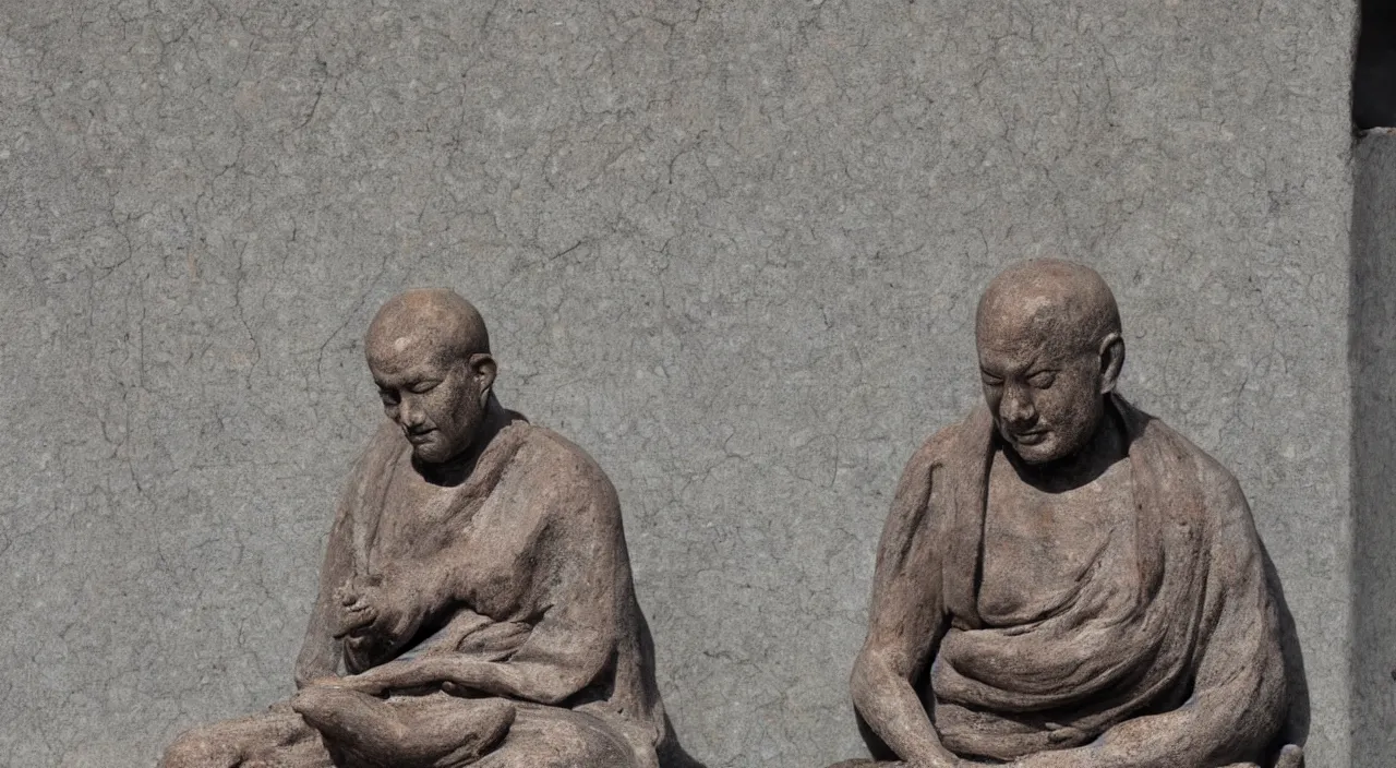 Prompt: a meditating monk sitting on a stone painted in the style of anderson debernardi