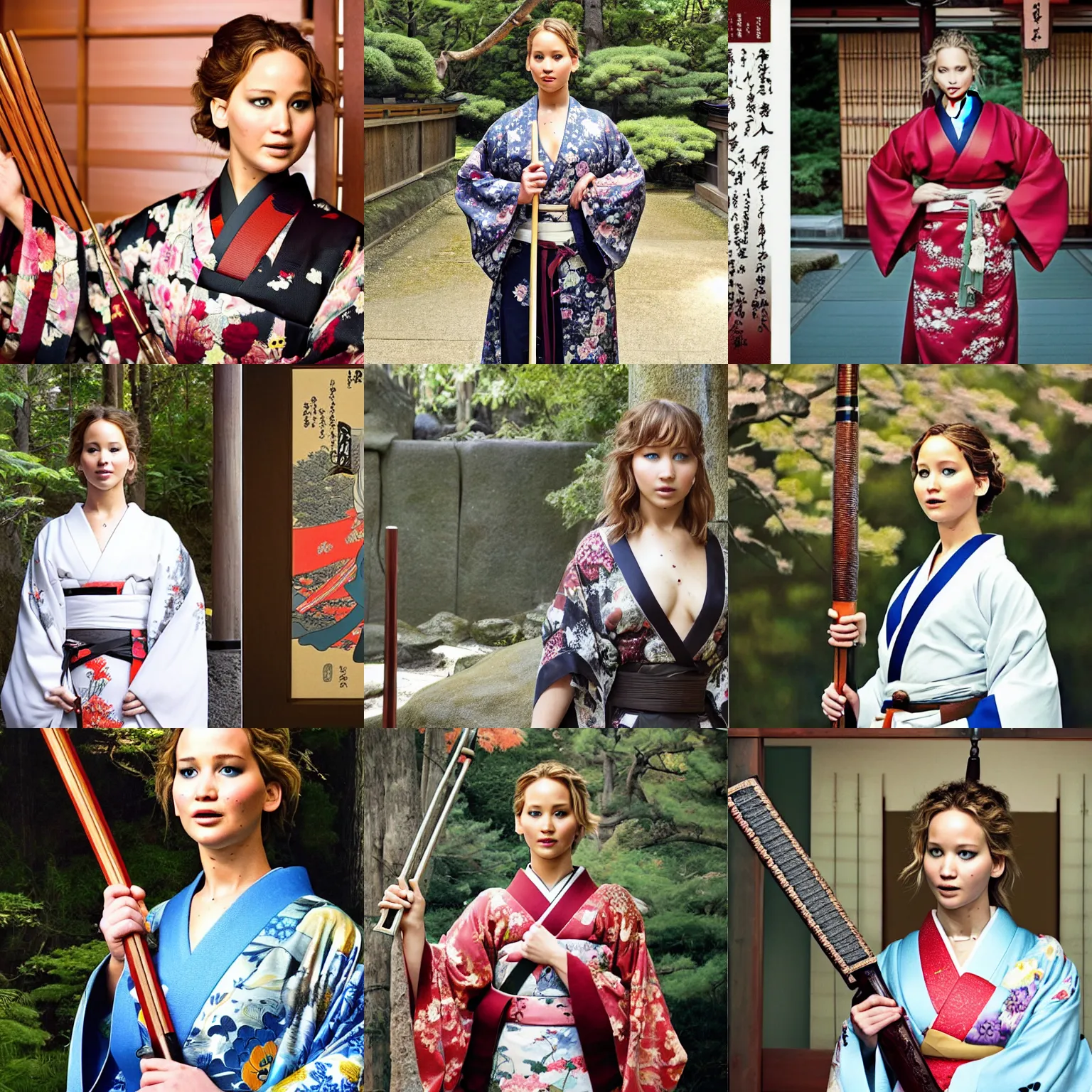 Prompt: Jennifer Lawrence wearing a kimono, holding a katana, in a Japanese shrine, portrait photo