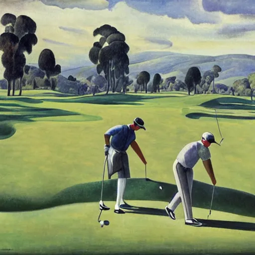 Image similar to Three golfers on a beautiful golf course, by Diego Rivera