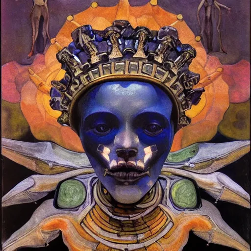 Image similar to the crown of madness and bones, by Annie Swynnerton and Nicholas Roerich and Diego Rivera, bioluminescent skin, elaborate costume, geometric ornament, symbolist, cool colors, dramatic cinematic lighting, smooth, sharp focus, extremely detailed