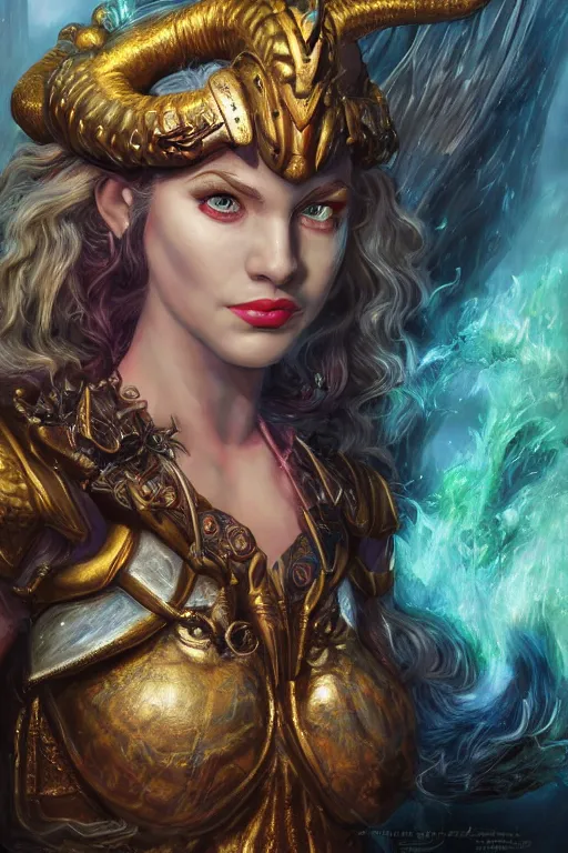 Image similar to A fantasy comic book style portrait painting of Ella Fanning as an Atlantean Reptilian Warrior, Mystical Valkyrie, unreal 5, DAZ, hyperrealistic, octane render, Regal, Refined, Detailed Digital Art, RPG portrait, Michael Cheval, Walt Disney (1937), François Boucher, Oil Painting, Steampunk, Josephine wall, dynamic lighting, Highly Detailed, Cinematic Lighting, Unreal Engine, 8k, HD