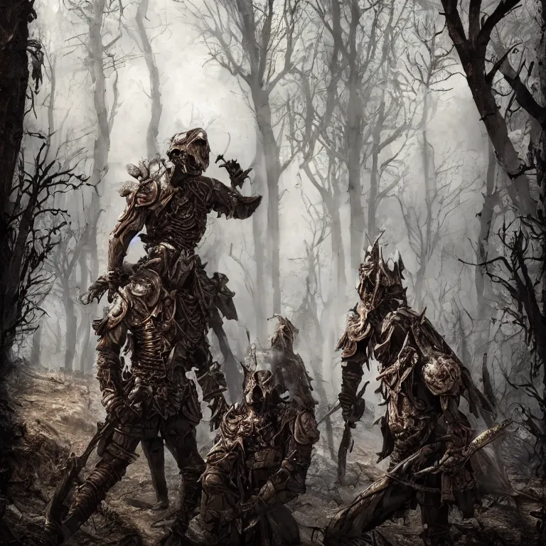 Prompt: undead armoured soldiers in burned forest full of smoke and ashes, fantasy style, highly detailed, smooth, sharp focus, portrait, concept art, intricate details, fantasy poster, dark athmosphere, 8 k. lifelike. nikon d 8 5 0