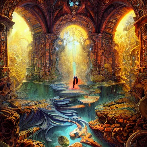 Prompt: Awe-inspiring, dreamlike, interpretation of the Philosopher\'s Stone, gorgeous, colorful, , insanely detailed and intricate, 3D oil painting, mystical and dreamlike, volumetric lightrays, ornate, mysterious engravings, magical atmosphere, hyperrealistic, award-winning collaboration by Marc Simonetti and Andreas Rocha,