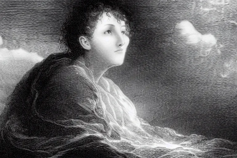 Prompt: black and white, young french woman sits near storm ocean, illuminated by a beam of light through detailed clouds, Gustave Dore lithography