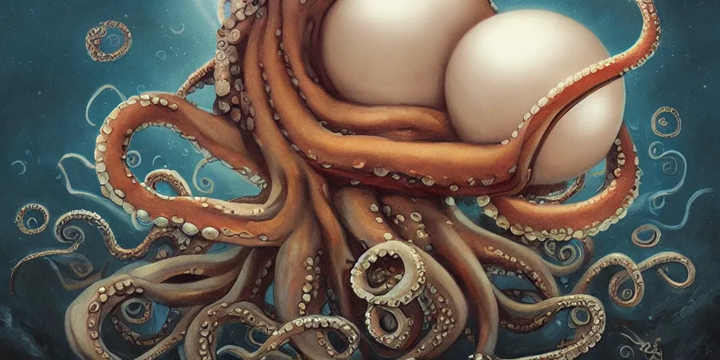 Prompt: octopus with a giant pearl head by Anato Finnstark, Tom Bagshaw, Brom