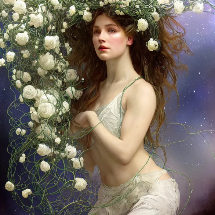 Prompt: hyperrealist portrait of a 2 0 4 4 space sport engineer, it is decorated with long wires and white roses that fall like vines and wears a huge computer crown. by jeremy mann and alphonse mucha, fantasy art, photo realistic, dynamic lighting, artstation, poster, volumetric lighting, very detailed faces, 4 k, award winning