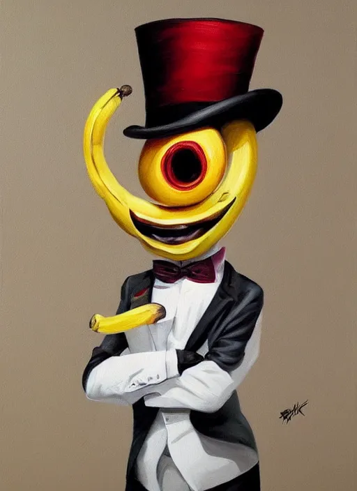 Image similar to hyper realistic painting of an anthropomorphic banana with bloodshot eyes; wearing a white shirt and white top hat; painted by Greg Rukowtski