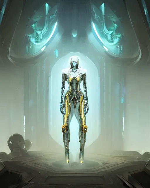 Image similar to benevolent cyborg necromancer, scifi, futuristic, elegant cape, helpful, kind, intelligent, alien room background, white, blue, gold, highly detailed, trending on artstation, soft light, holy machine, advanced technology, art by vitaly bulgarov and nivanh chanthara