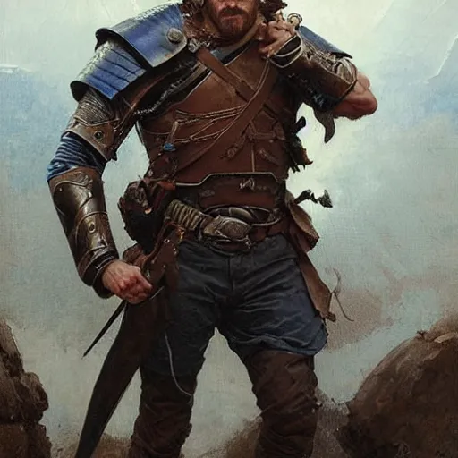 Image similar to Portrait of a rugged ranger marching toward the viewer, male, muscular, blue eyes!!!!, straight nose!!!, detailed face, exposed thighs!!!, fantasy, medieval, highly detailed, painting by greg rutkowski