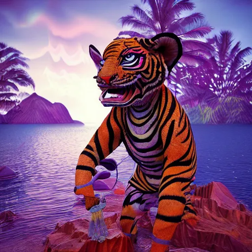 Prompt: a detailed 3 d render of a very fashionable hindu god demon tiger wearing cybergrunge hawaiian clothing tropical volcanic ocean landscape background by beeple and stephen gilliam, junji ito, kubrick, william blake, octane renderer, vray, 8 k, zbrush, c 4 d, cgsociety