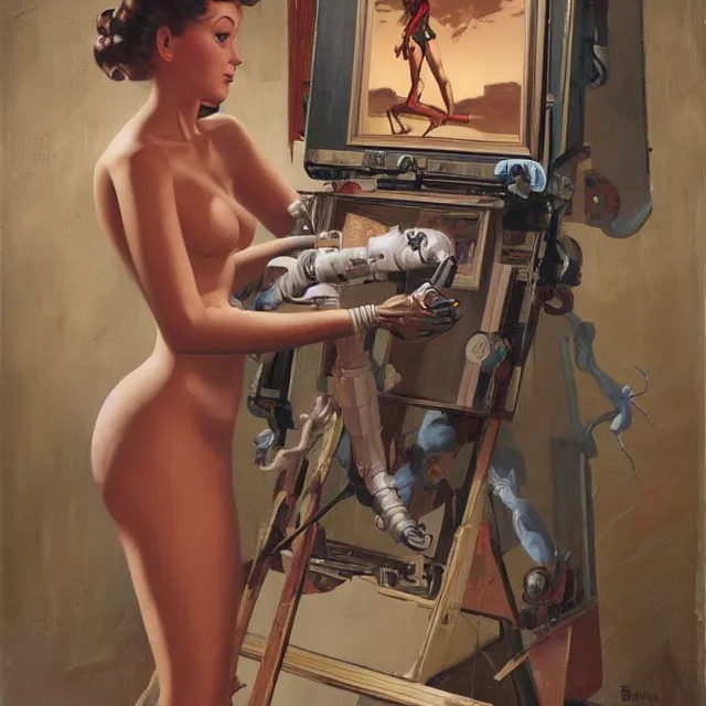 Image similar to robot artist painting a self - portrait on a canvas. intricate, detailed, digital matte painting in the style of gil elvgren and in the style of wayne barlowe. irony, recursion, inspiration.