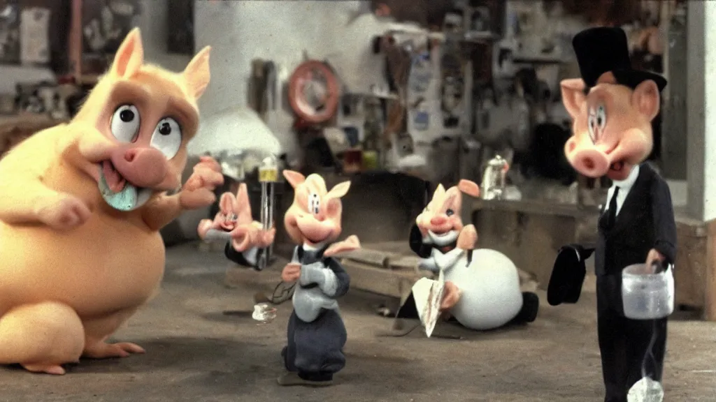 Image similar to found footage of Porky Pig eating glue, hyperrealistic