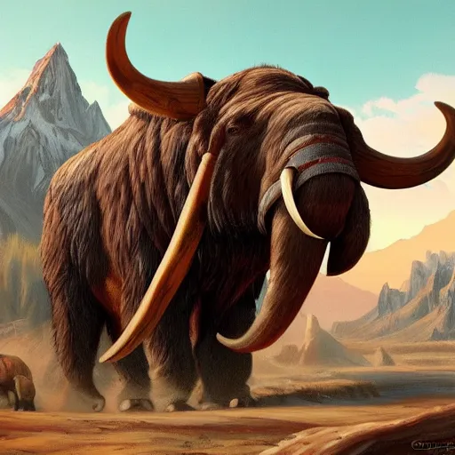 Image similar to painting of native americans riding mammoths, artstation, ultra detailed