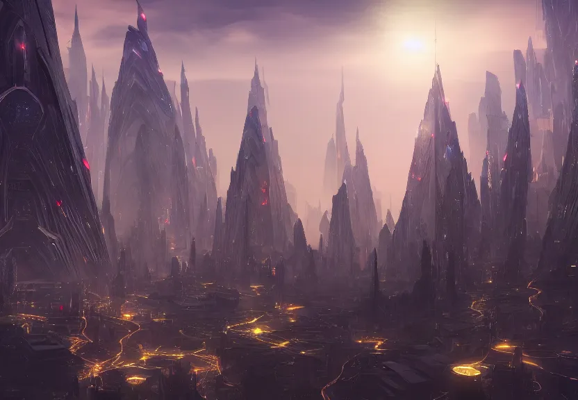 Image similar to Celestial spires of Vos cybertron, cityscape, environment concept, digital art, unreal engine, WLOP, trending on artstation, 4K UHD image