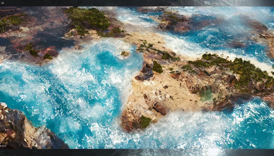 Prompt: beautiful crystal water sea with big waves, big sandy beach in the foreground, sun in the sky, hyperdetailed, artstation, cgsocitety, 8 k