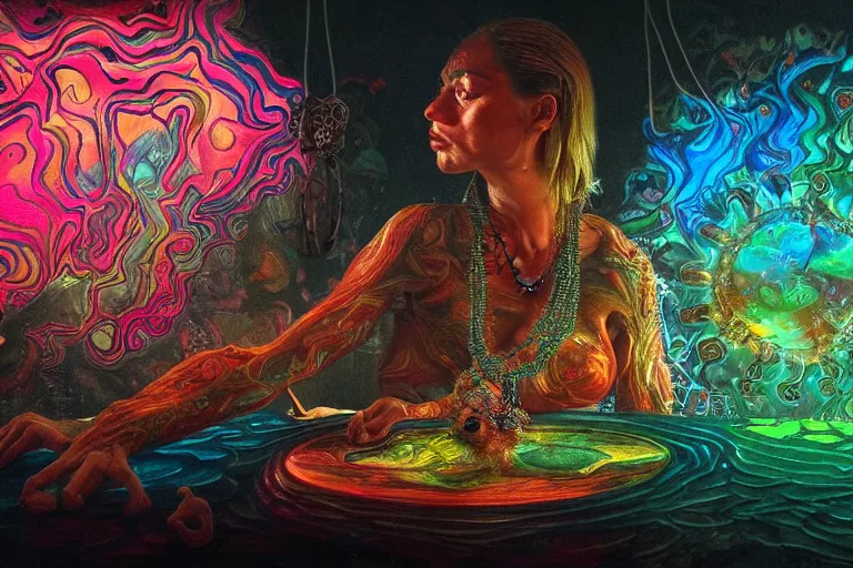 Image similar to psychedelic pepe with trinket necklace, epic angle and pose, reflective pool, symmetrical artwork, ayahuasca, translucent, fungus, energy flows of water and fire, highly detailed, epic cinematic concept art, excellent composition, dystopian brutalist atmosphere, dynamic dramatic lighting, aesthetic, very inspirational, arthouse, Greg Rutkowski, Artgerm