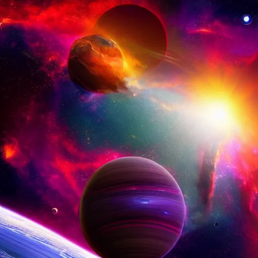 Prompt: beautiful and realistic space poster with colorful planets, partially hidden in nebulas, stars background and nebulas, nasa, hubble, james webb telescope, 8 k render, movie fx, star trek