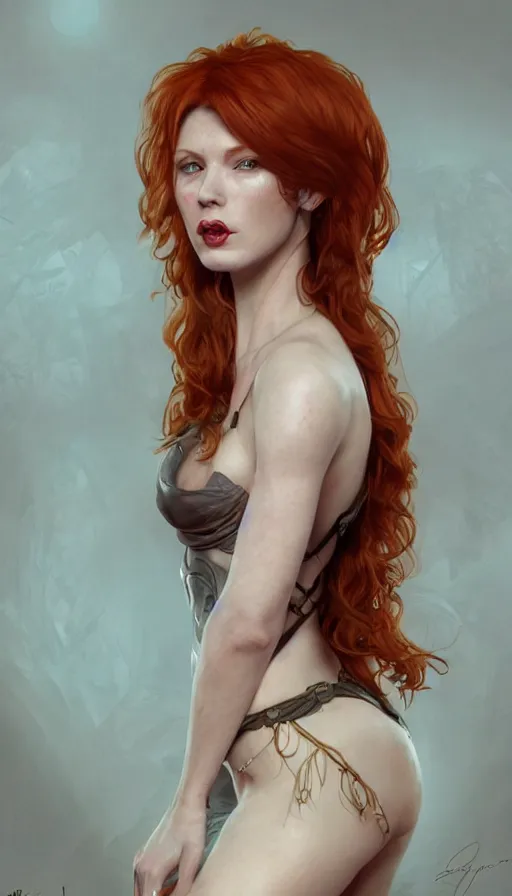 Prompt: ginger cindy crowford, bold, cheeky, fame of thrones, passionate, seductive, expressive, charismatic, very sweaty, intricate fashion clothing, insane, intricate, highly detailed, digital painting, artstation, concept art, surrealistic, smooth, sharp focus, illustration, unreal engine 5, 8 k, art by artgerm and greg rutkowski and alphonse mucha