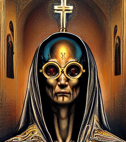Prompt: caracal in vr glasses in golden clothes in orthodox church, orthodox icons at background, character portrait, portrait, close up, concept art, intricate details, highly detailed, horror poster, horror, vintage horror art, dark, gritty, realistic, terrifying, in the style of michael whelan, beksinski, and gustave dore