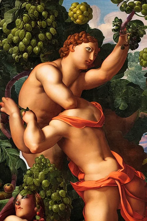 Image similar to cyborg and human, garden with fruits on trees, closeup, ultra detailed, Guido Reni style