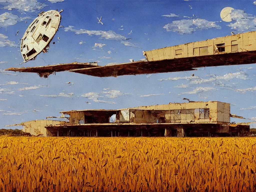 Image similar to A fantastic painting of a dilapidated post-modern building on a wheat field with an abandoned spaceship parked on the roof of the building, by Robert McCall, Trending on artstation, very detailed