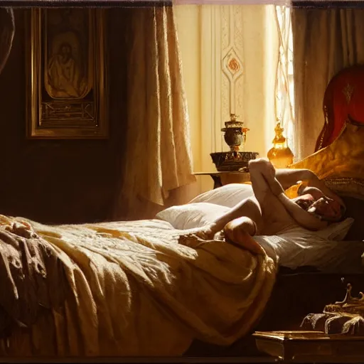 Image similar to the pope wakes up is his bed, sweating, nervous, terrified, because a double horned shadow demon lurks in the papal bedroom. highly detailed painting by gaston bussiere, j. c. leyendecker, greg rutkowski, craig mullins 8 k