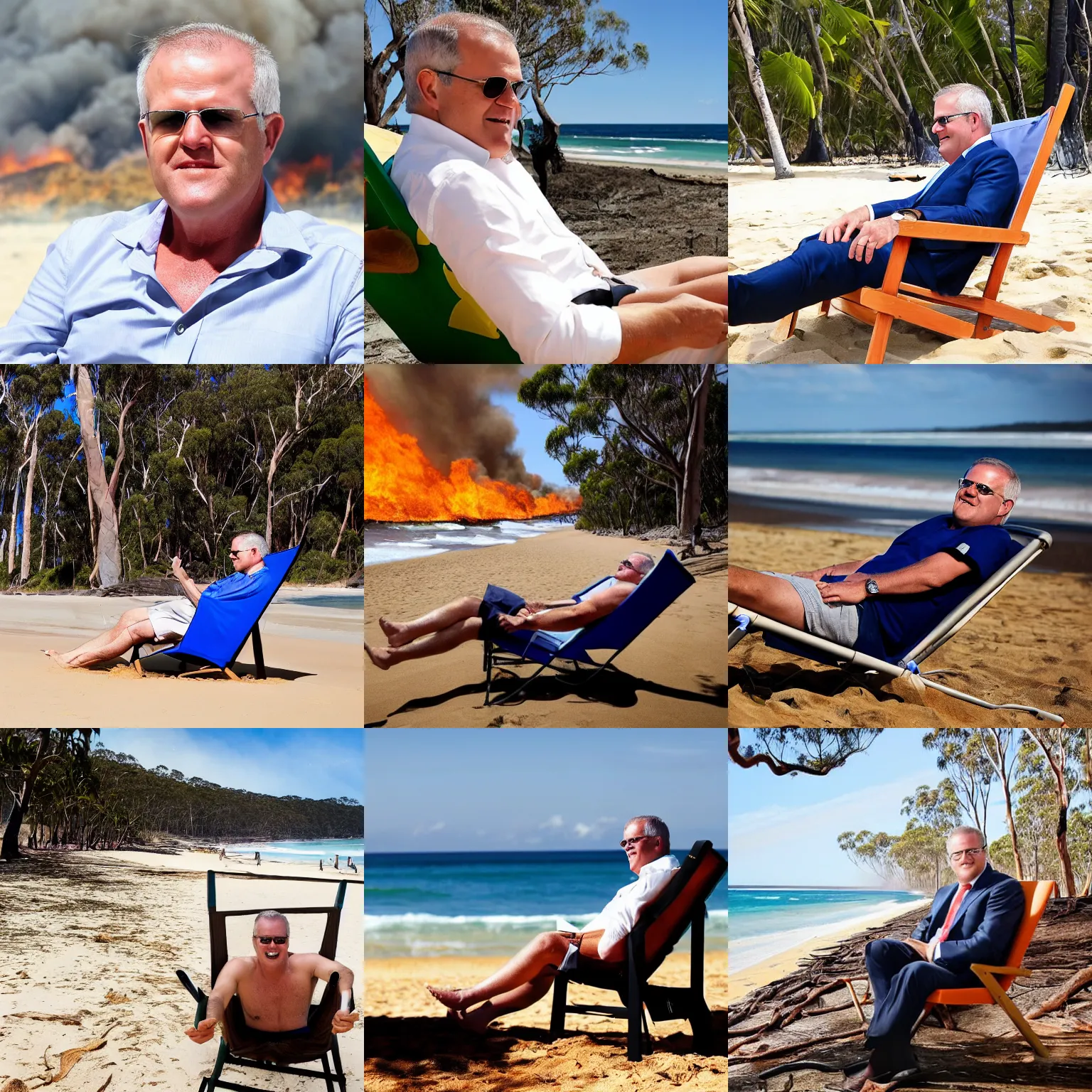 Prompt: australian prime minister scott morrison relaxing on a beach chair, background on fire, wild fire, bush fire, forrest fire, bright sunny day, sandy beach, photography, perfect focal length, sharp focus