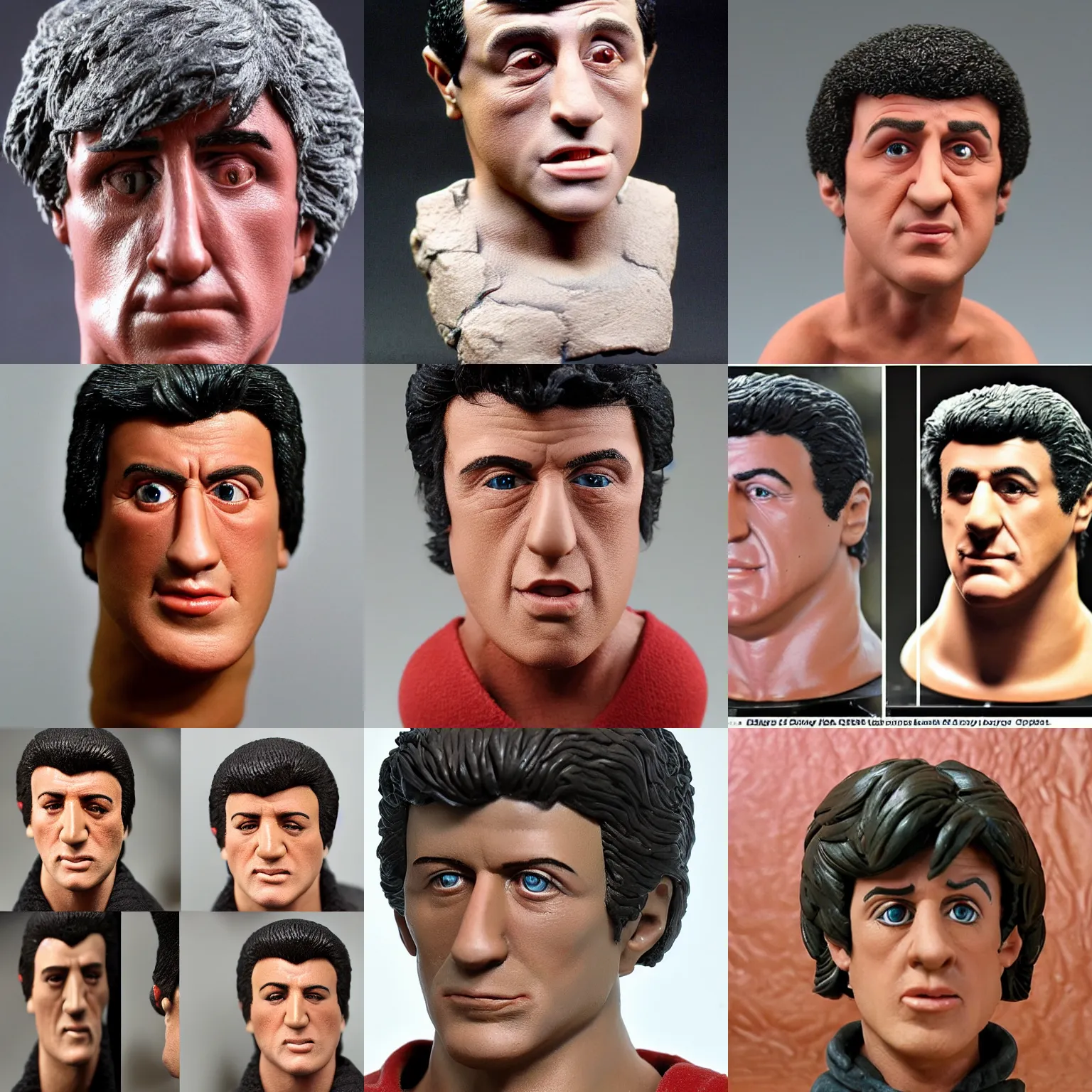 Prompt: 20 years old rocky sylvester stallone! clay! close detailed sculpted head , style: professional claymation puppet clay , by guldies