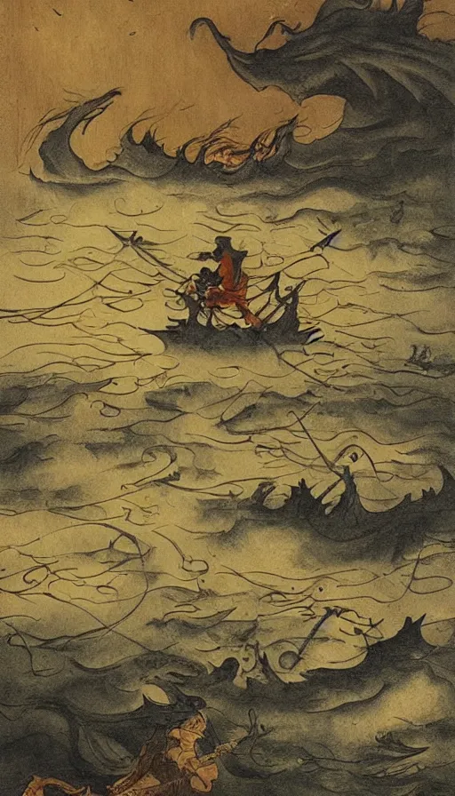 Prompt: man on boat crossing a body of water in hell with creatures in the water, sea of souls, by qian xuan