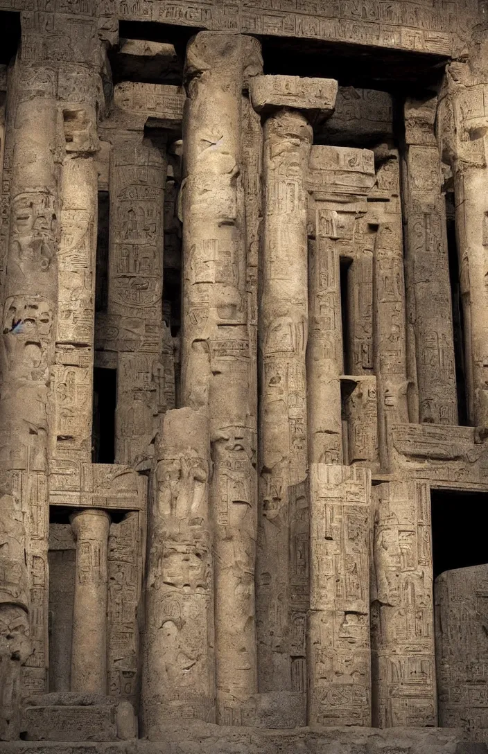 Image similar to punisher symbol is giant arching entrance and pillars in the form of the punisher icon forming entrance into ancient egyptian temple with luminous smoke and light rays.