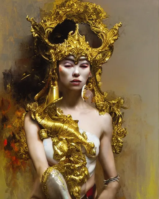 Image similar to holy goddess of circus and performance arts, golden accents by ruan jia