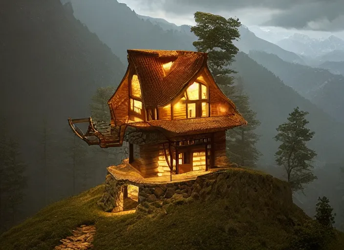 Image similar to a house built on top of a mountain, by ivan fedorovich, by ernesto strigelly choultse, cinematic lighting