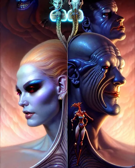 Image similar to beautiful gemini good and evil fantasy character portrait, ultra realistic, wide angle, intricate details, the fifth element artifacts, highly detailed by peter mohrbacher, hajime sorayama, wayne barlowe, boris vallejo, aaron horkey, gaston bussiere, craig mullins