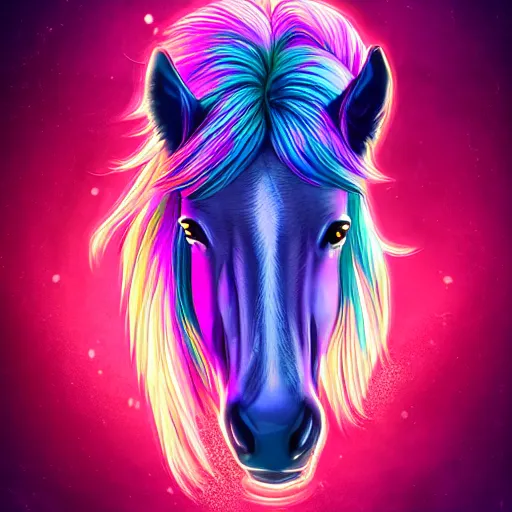 Prompt: digital horse, retrowave palette, highly detailed, anatomically correct equine, synth feel, smooth face, tidy flowing mane, ear fur, no reins, super realism, 4 k digital art