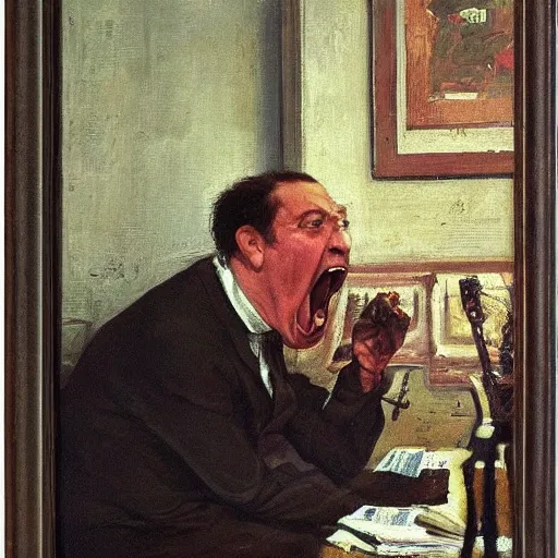 Prompt: an angry man screams at his computer monitor, oil on canvas, 1 8 8 3, highly detailed