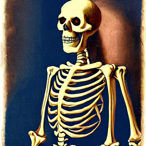 Prompt: smiling skeleton wearing blue puffy jacket, renaissance painting