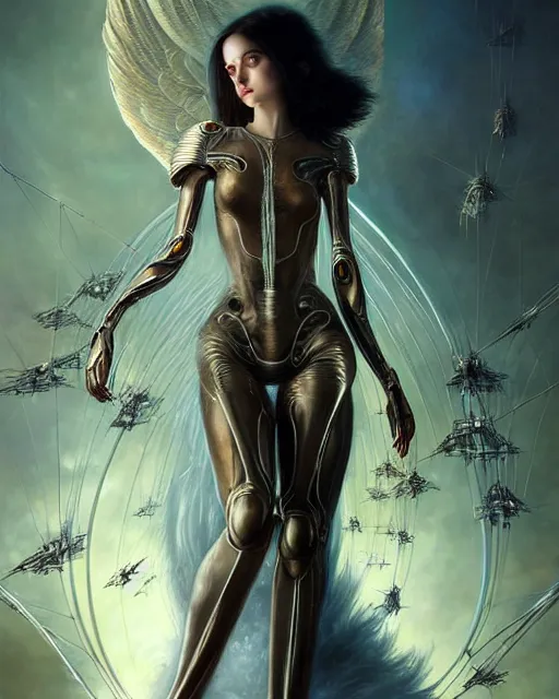 Image similar to karol bak and tom bagshaw and bastien lecouffe - deharme full body character portrait of alita battle angel as galadriel, floating in a powerful zen state, supermodel, beautiful and ominous, wearing combination of mecha and bodysuit made of wires and silk, machinery enveloping nature in the background, scifi character render