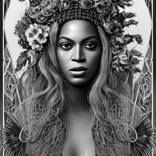 Image similar to portrait of Beyonce as a young pretty woman in flowing dress, arrogant, mysterious, long fine flowing hair, delicate, looking at camera, realistic face, intricate, stylish, elegant, grimdark, flowers, extremely detailed photograph by Martine Johanna and Ernst Haeckel and Greg Rutkowski