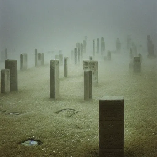 Prompt: arm reaching out of thick fog, row of holocaust memorial stone blocks, zdzislaw beksinski