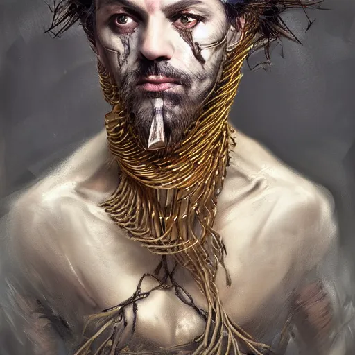 Artistic depiction of a man wrapped in black cloth and barbed wire