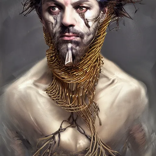 Prompt: portrait of a Shibari razor wire wrapped face and neck, headshot, insanely nice professional hair style, dramatic hair color, digital painting, of a old 17th century, old cyborg merchant, amber jewels, baroque, ornate clothing, scifi, realistic, hyperdetailed, chiaroscuro, concept art, art by Franz Hals and Jon Foster and Ayami Kojima and Amano and Karol Bak,