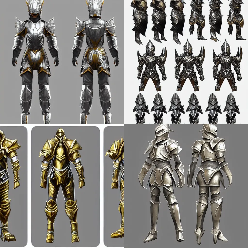 Prompt: fantasy armor concept art, very professional, front orthographic, silver armor with thin gold trim, trending on artstation