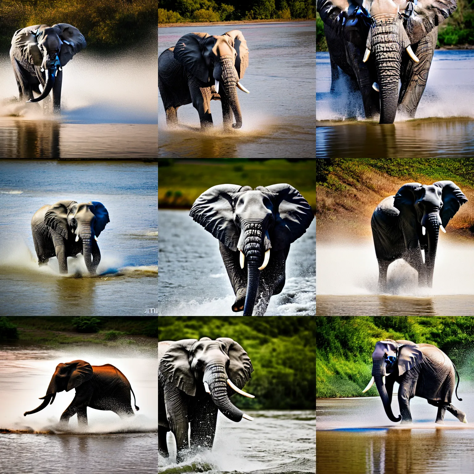 Prompt: elephant raging across a river, xf iq 4, f / 1. 4, iso 2 0 0, 1 / 1 6 0 s, 8 k, raw, unedited, symmetrical balance, in - frame