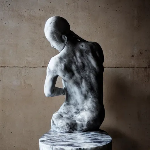 Image similar to a sculpture of a person sitting on top of a chair, a marble sculpture by nicola samori, behance, neo - expressionism, marble sculpture, apocalypse art, made of mist