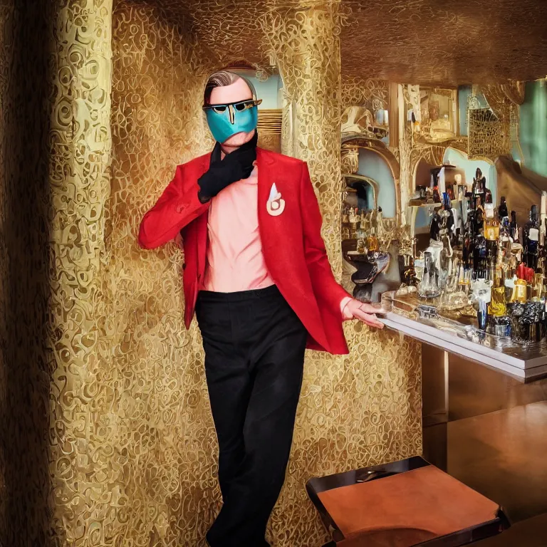 Image similar to vogue photoshoot octane render portrait by wayne barlow and carlo crivelli and glenn fabry, a handsome eccentric man in a bright colorful pastel wes anderson uniform inside and a black robber mask inside a high - end exotic vintage boutique hotel bar, very short depth of field, bokeh