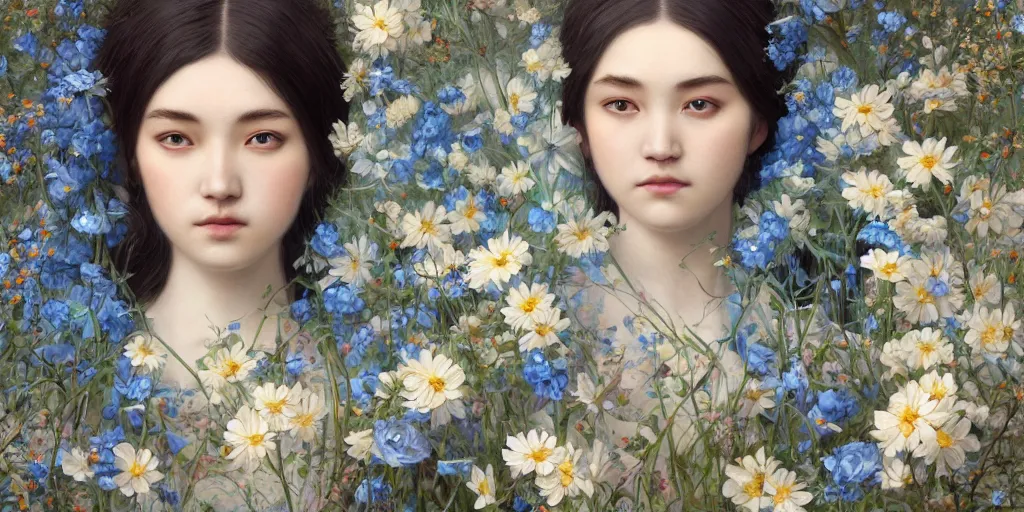 Prompt: breathtaking detailed concept art painting portrait of the goddess of nemophila flowers, orthodox saint, with anxious piercing eyes, ornate background, amalgamation of leaves and flowers, by hsiao - ron cheng, extremely moody lighting, 8 k