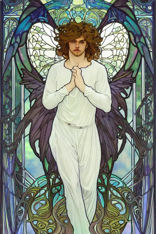 Image similar to full figure art nouveau window depicting a male angel with curly blond hairs, dressed with fluent clothes, majestic wings, luminous halo, by alfons mucha, d & d character, gradient white to gold, in front of an iridescent background, highly detailed portrait, digital painting, artstation, concept art, smooth, sharp focus, illustration, artstation hq