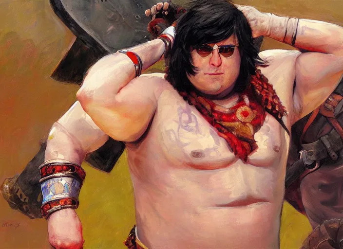 Prompt: a highly detailed beautiful portrait of andy milonakis as kratos, by gregory manchess, james gurney, james jean, glasses